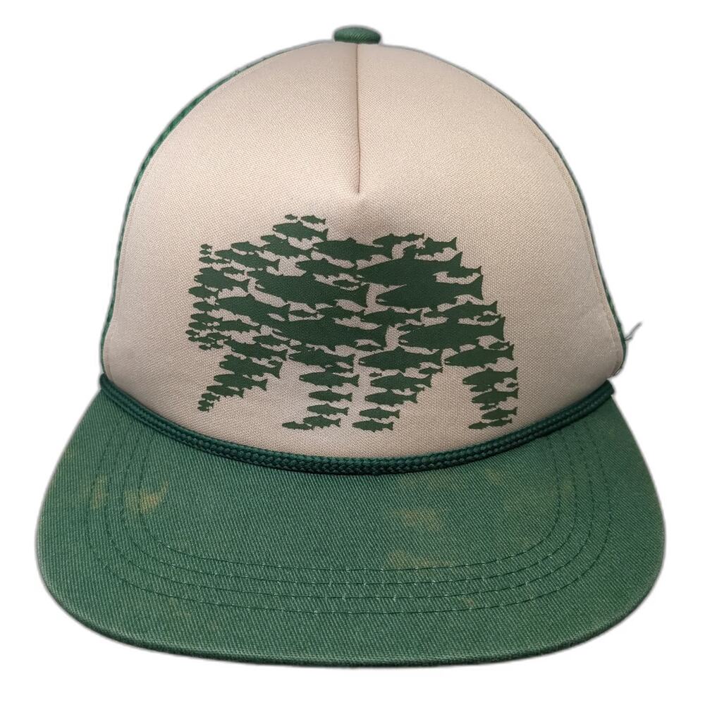 RepYourWater Trucker Hat Green One Size Bear Fish Graphic Mesh Rope Snapback
